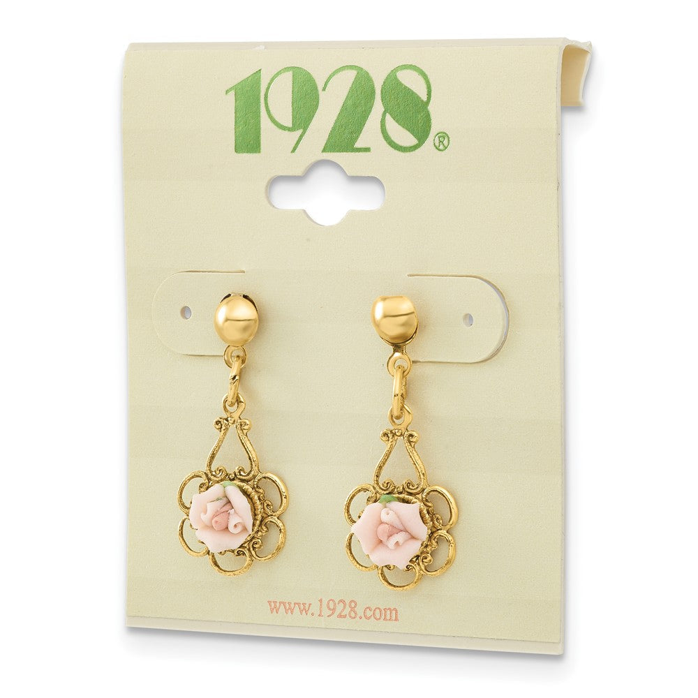 Mode 1928 Schmuck Goldfarben Filigran Rosa Porcelain Rose Hängend Ohrstecker