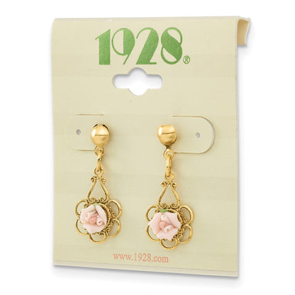 Mode 1928 Schmuck Goldfarben Filigran Rosa Porcelain Rose Hängend Ohrstecker