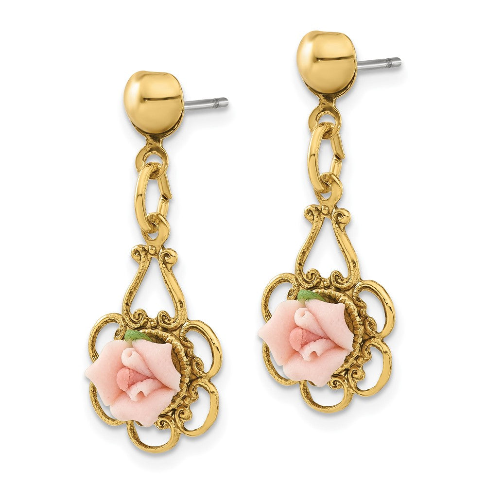 Mode 1928 Schmuck Goldfarben Filigran Rosa Porcelain Rose Hängend Ohrstecker