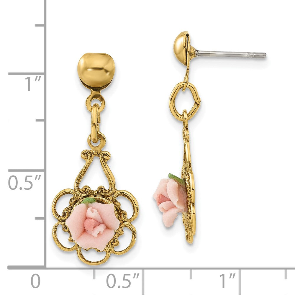 Mode 1928 Schmuck Goldfarben Filigran Rosa Porcelain Rose Hängend Ohrstecker