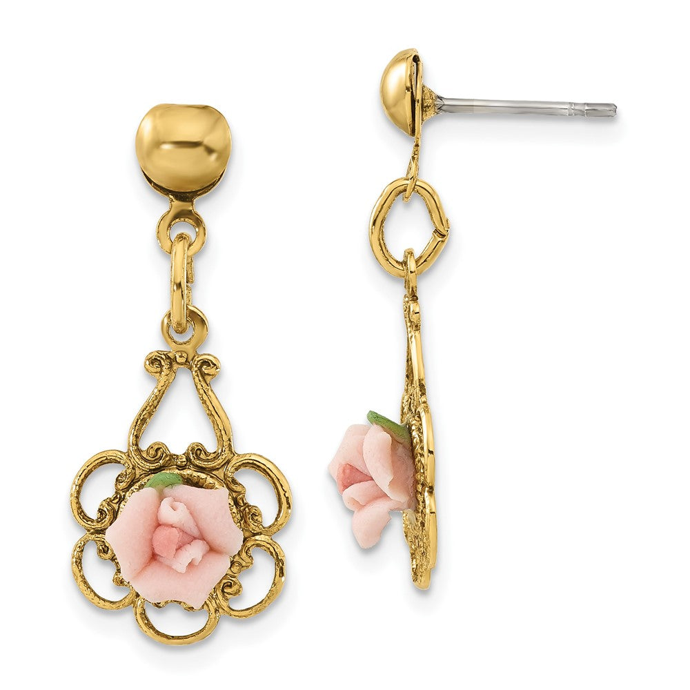 Mode 1928 Schmuck Goldfarben Filigran Rosa Porcelain Rose Hängend Ohrstecker