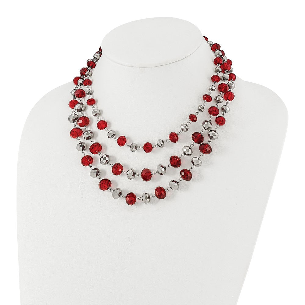 Mode 1928 Schmuck Silberfarben Drei Strang Rot und Grau Epoxid Facettiert Stein Verstellbar 16 Zoll Halskette mit 3 Verlängerung
