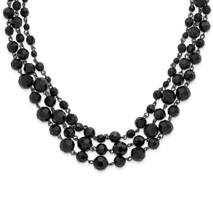 Mode 1928 Schmuck Schwarz-beschichtet Jet Schwarz Glas Facettiert Perle Abgestuft Drei Strang Verstellbar 16 Zoll Halskette mit 3 Verlängerung