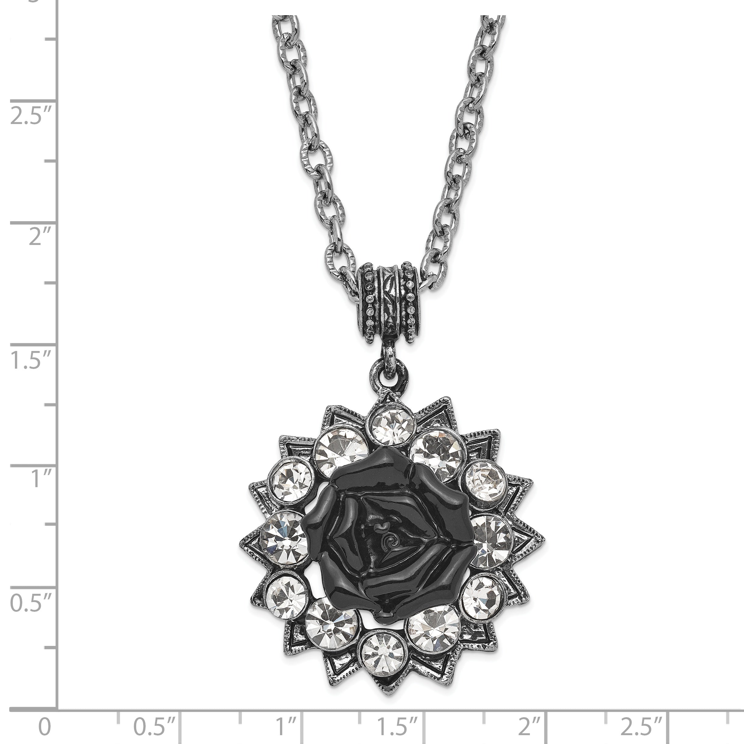 Mode 1928 Silberfarben Kristall & Schwarz Emaille Blume 16 Zoll mit 3 Zoll Verlängerung Halskette
