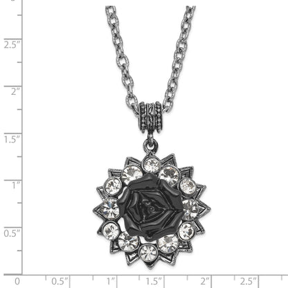 Mode 1928 Silberfarben Kristall & Schwarz Emaille Blume 16 Zoll mit 3 Zoll Verlängerung Halskette