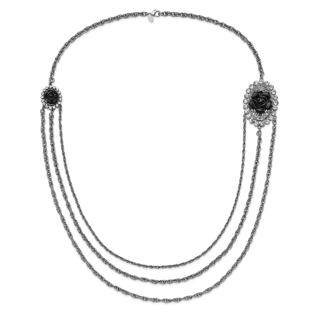 Mode 1928 Silberfarben Schwarz Blumen & Kristall Geschichtet Halskette