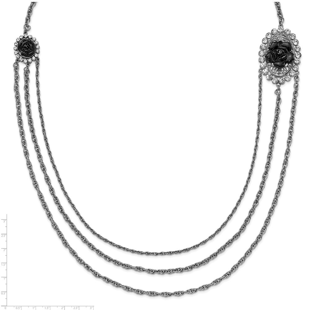 Mode 1928 Silberfarben Schwarz Blumen & Kristall Geschichtet Halskette
