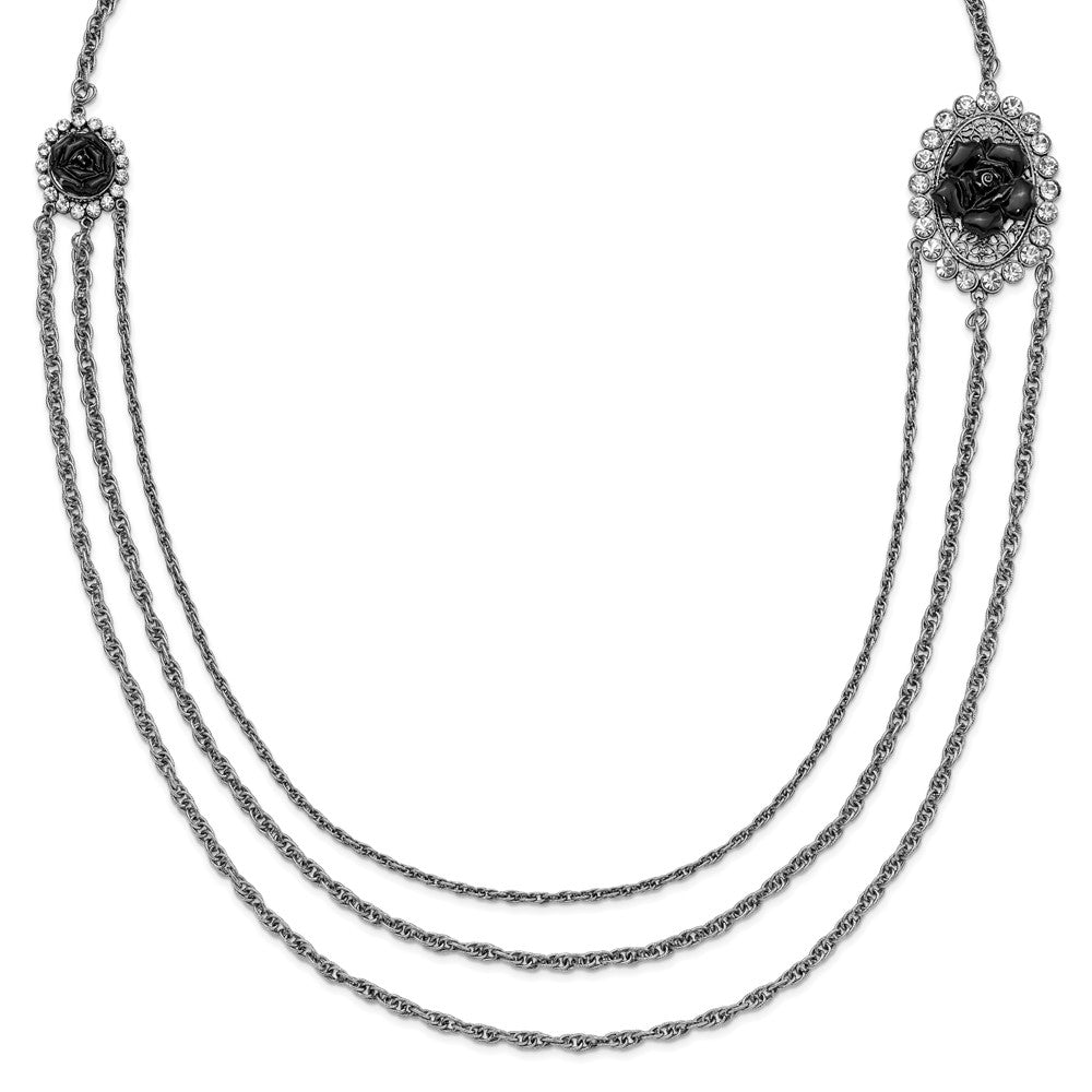 Mode 1928 Silberfarben Schwarz Blumen & Kristall Geschichtet Halskette