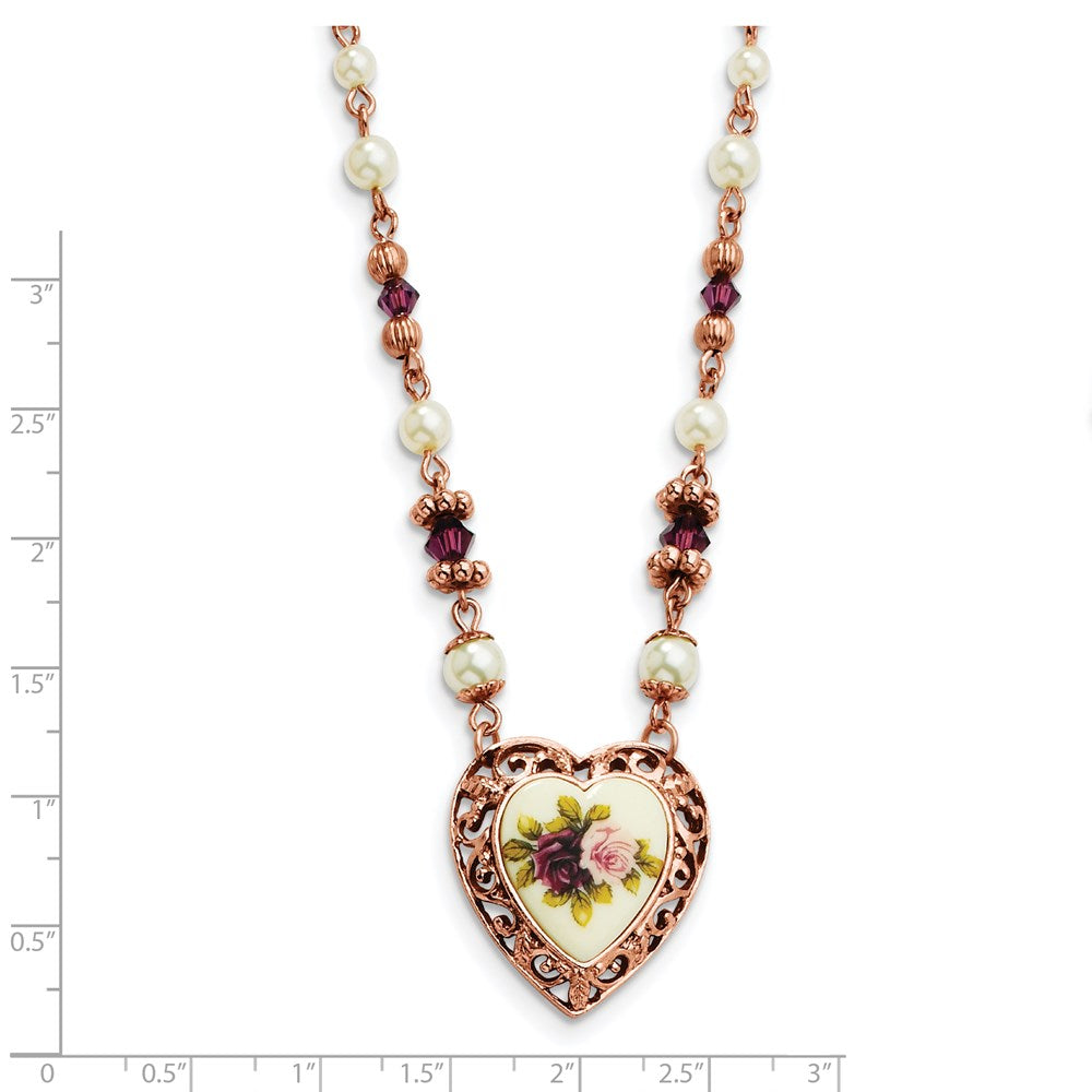 Mode 1928 Schmuck Roséfarben Herz Filigran Rahmen Lila Facettiert Kristall Perle Imitat Perle Rose Blumen Motif 15 Zoll Halskette