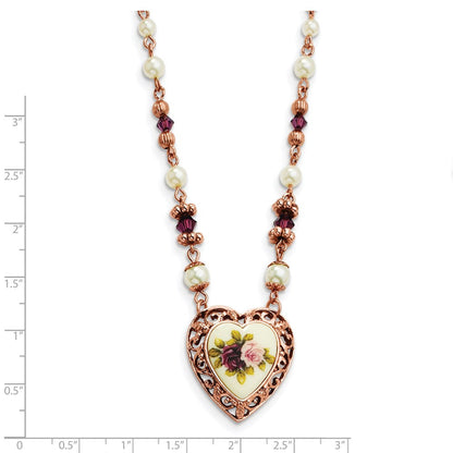Mode 1928 Schmuck Roséfarben Herz Filigran Rahmen Lila Facettiert Kristall Perle Imitat Perle Rose Blumen Motif 15 Zoll Halskette