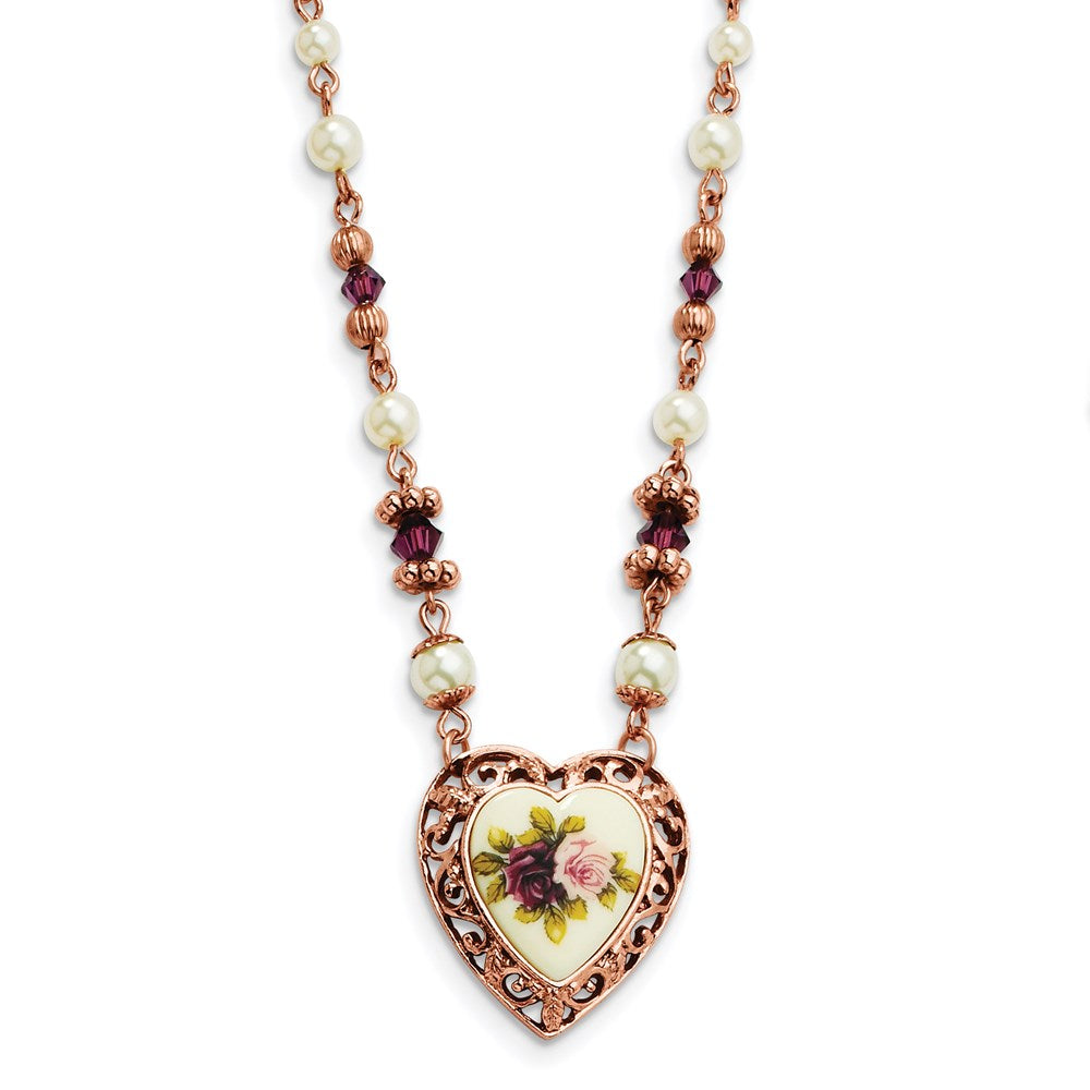 Mode 1928 Schmuck Roséfarben Herz Filigran Rahmen Lila Facettiert Kristall Perle Imitat Perle Rose Blumen Motif 15 Zoll Halskette