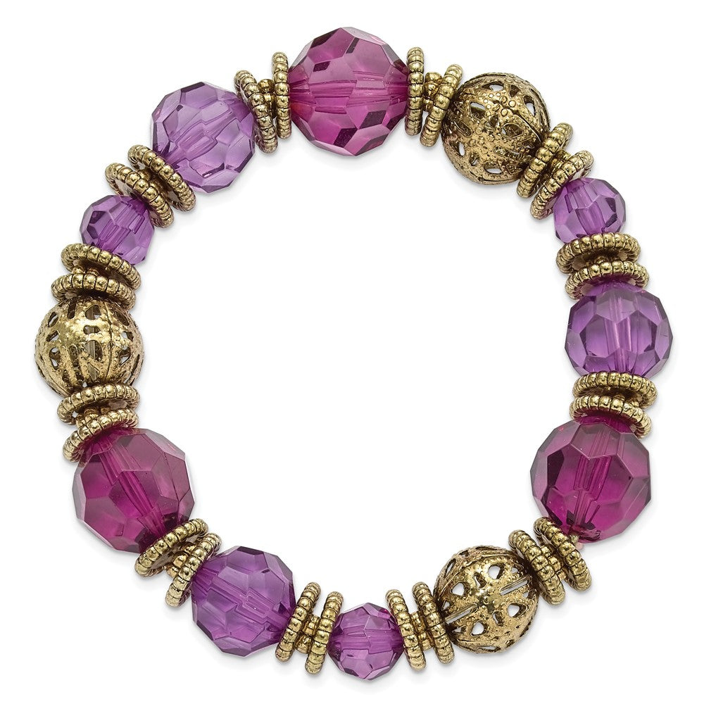 Mode 1928 Schmuck Goldfarben Strukturiert Gemustert Perlen und Lila Facettiert Acrylic Dehnbar Armband