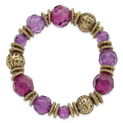 Mode 1928 Schmuck Goldfarben Strukturiert Gemustert Perlen und Lila Facettiert Acrylic Dehnbar Armband