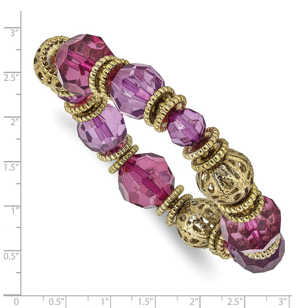 Mode 1928 Schmuck Goldfarben Strukturiert Gemustert Perlen und Lila Facettiert Acrylic Dehnbar Armband