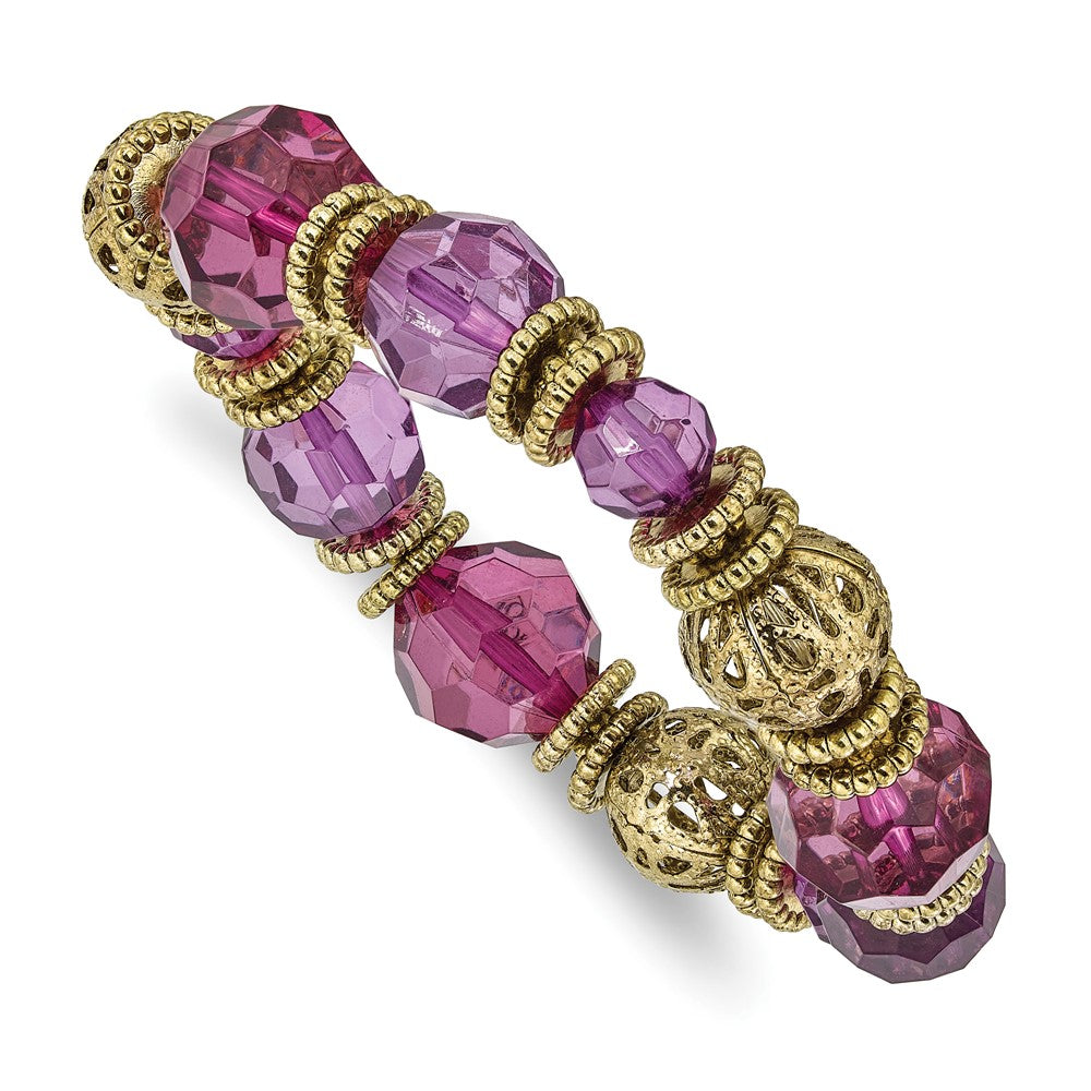 Mode 1928 Schmuck Goldfarben Strukturiert Gemustert Perlen und Lila Facettiert Acrylic Dehnbar Armband