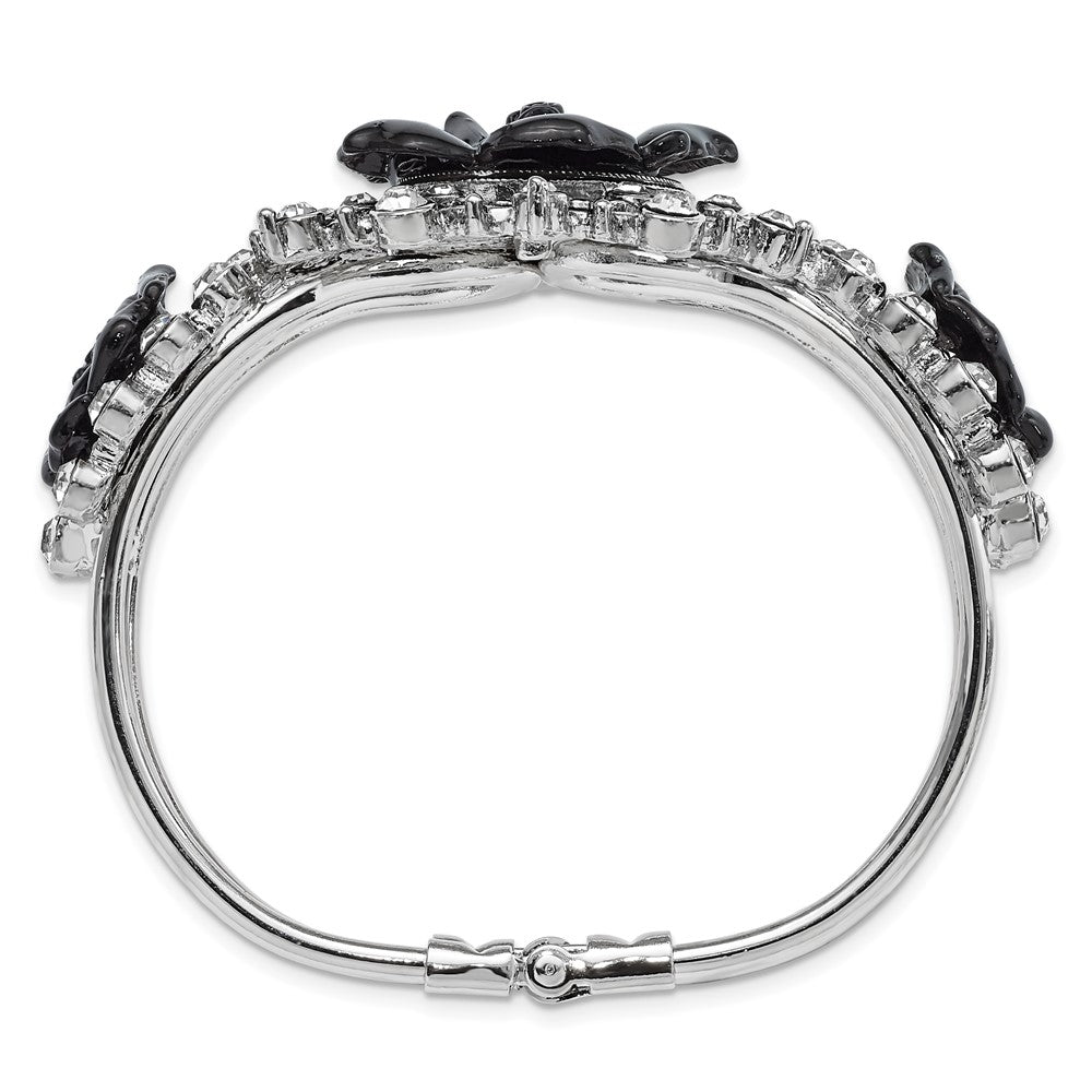 Mode 1928 Silberfarben Schwarz Blumen & Klar Kristall Klappbar Armband