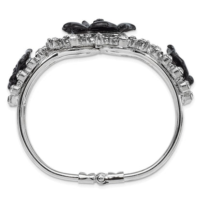 Mode 1928 Silberfarben Schwarz Blumen & Klar Kristall Klappbar Armband
