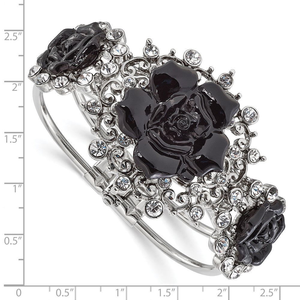 Mode 1928 Silberfarben Schwarz Blumen & Klar Kristall Klappbar Armband