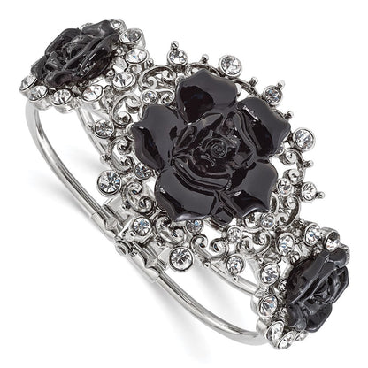 Mode 1928 Silberfarben Schwarz Blumen & Klar Kristall Klappbar Armband