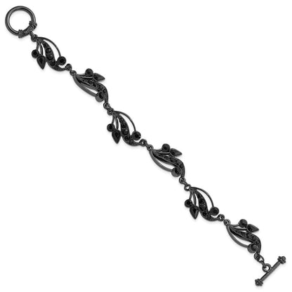 Mode 1928 Schmuck Schwarz-beschichtet Glieder Jet Schwarz Crystals in Tropfen und Kreis Shapes Vintage Style Filigran Ranke Motif 7.5 Zoll Knebel Armband