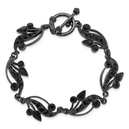 Mode 1928 Schmuck Schwarz-beschichtet Glieder Jet Schwarz Crystals in Tropfen und Kreis Shapes Vintage Style Filigran Ranke Motif 7.5 Zoll Knebel Armband