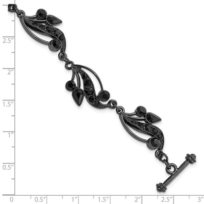 Mode 1928 Schmuck Schwarz-beschichtet Glieder Jet Schwarz Crystals in Tropfen und Kreis Shapes Vintage Style Filigran Ranke Motif 7.5 Zoll Knebel Armband