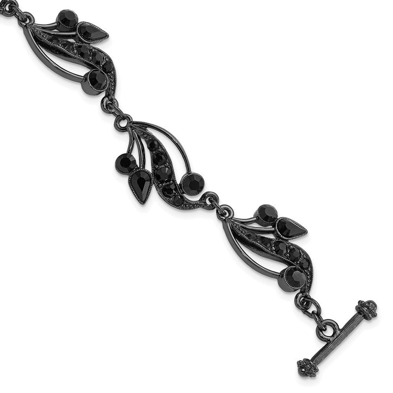 Mode 1928 Schmuck Schwarz-beschichtet Glieder Jet Schwarz Crystals in Tropfen und Kreis Shapes Vintage Style Filigran Ranke Motif 7.5 Zoll Knebel Armband