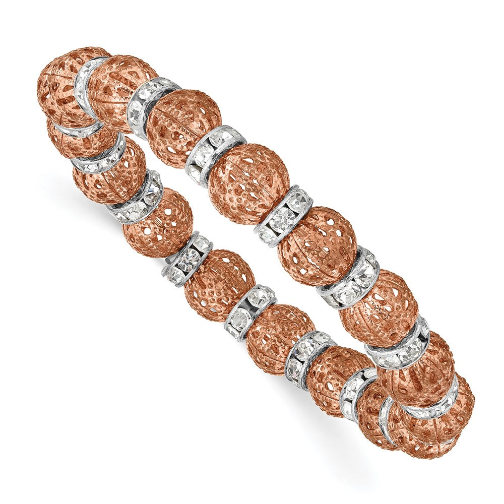 Mode 1928 Schmuck Copper-tone Filigran Muster und Silberfarben Klar Epoxid Stein Rondelle Perlen Dehnbar Armband