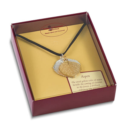 Mode Silber und 24K Gold Dipped Doppelt Echt Aspen Leaves 20 Zoll Leder Kordel Halskette