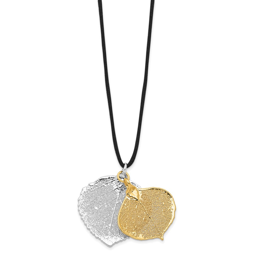 Mode Silber und 24K Gold Dipped Doppelt Echt Aspen Leaves 20 Zoll Leder Kordel Halskette