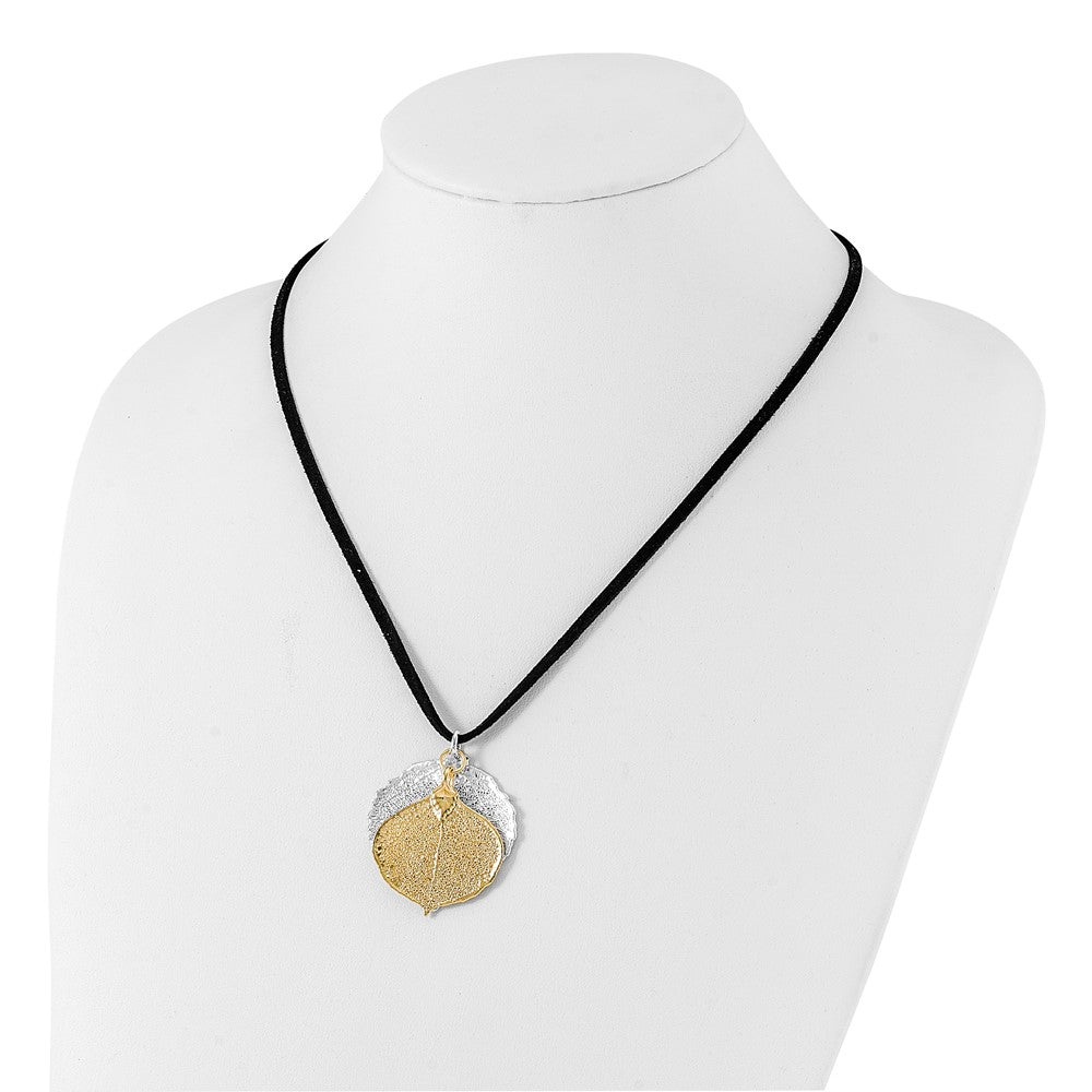 Mode Silber und 24K Gold Dipped Doppelt Echt Aspen Leaves 20 Zoll Leder Kordel Halskette