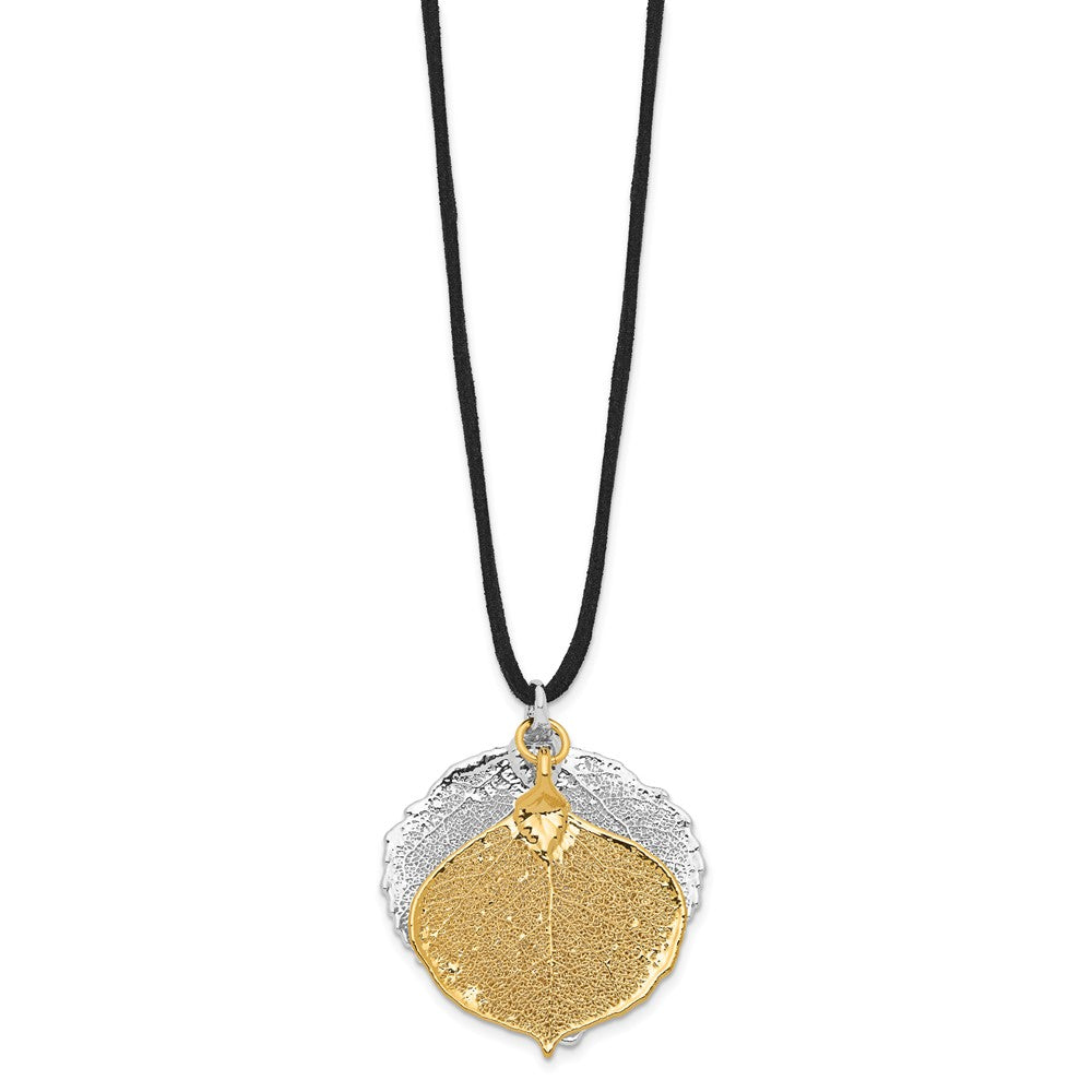 Mode Silber und 24K Gold Dipped Doppelt Echt Aspen Leaves 20 Zoll Leder Kordel Halskette