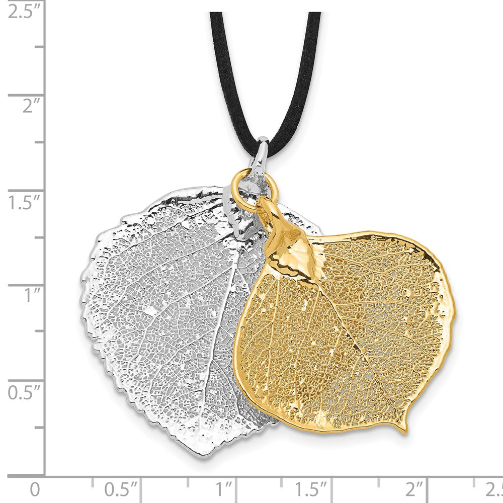 Mode Silber und 24K Gold Dipped Doppelt Echt Aspen Leaves 20 Zoll Leder Kordel Halskette