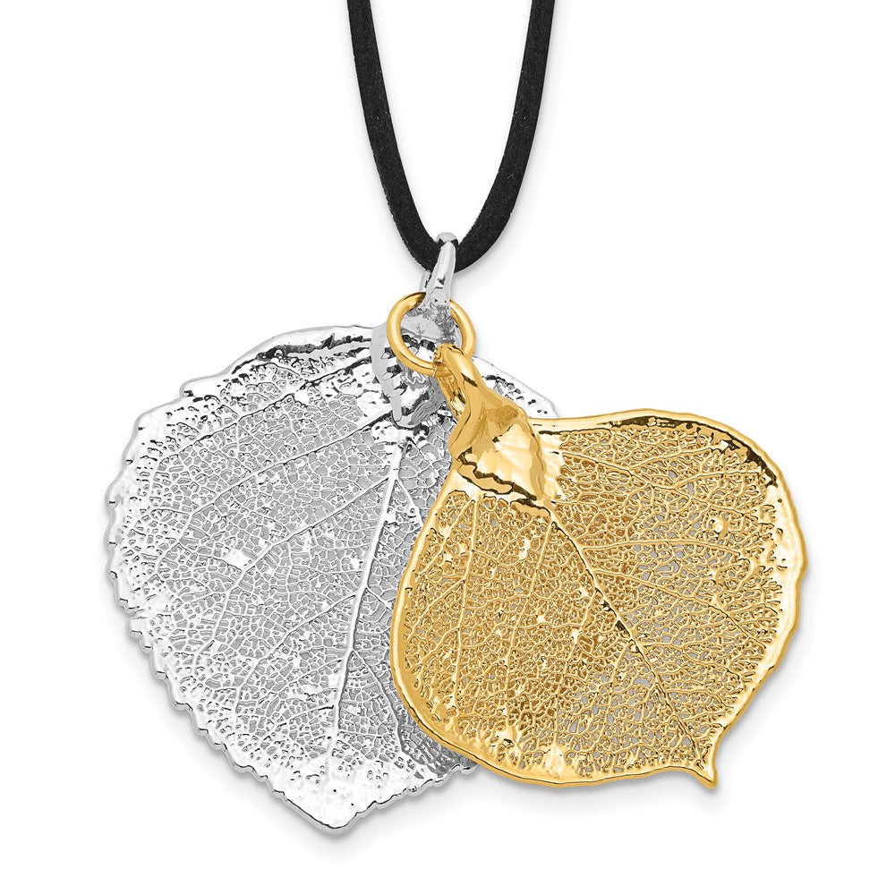 Mode Silber und 24K Gold Dipped Doppelt Echt Aspen Leaves 20 Zoll Leder Kordel Halskette