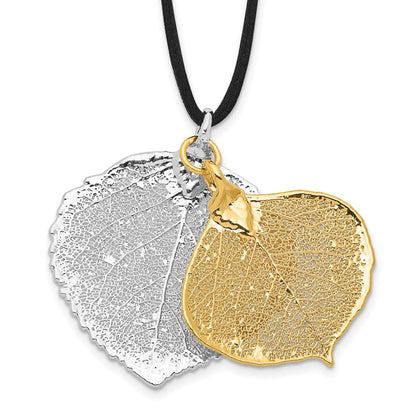 Mode Silber und 24K Gold Dipped Doppelt Echt Aspen Leaves 20 Zoll Leder Kordel Halskette