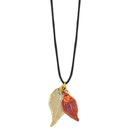 Mode 24K Gold und Iridescent Copper Dipped Doppelt Echt Evergreen Leaves 20 Zoll Leder Kordel Halskette
