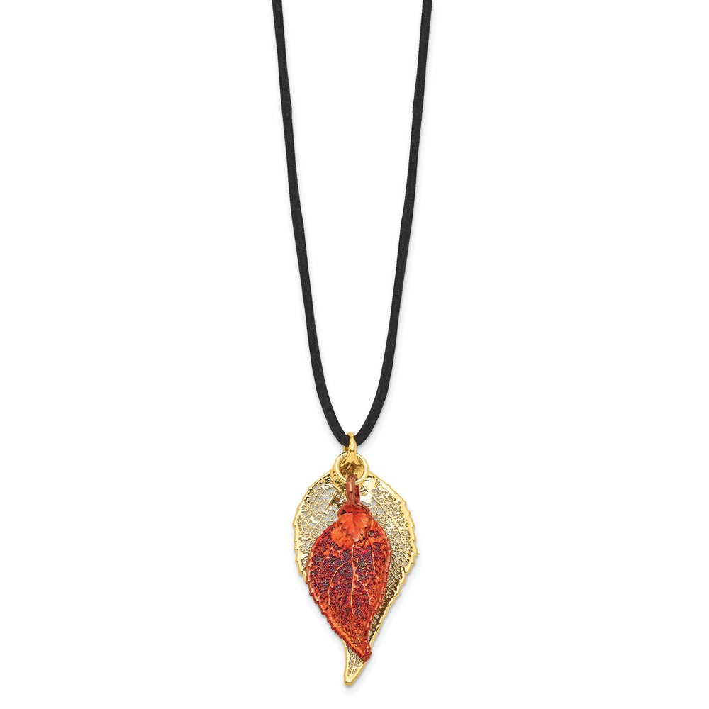 Mode 24K Gold und Iridescent Copper Dipped Doppelt Echt Evergreen Leaves 20 Zoll Leder Kordel Halskette