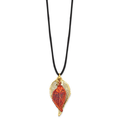 Mode 24K Gold und Iridescent Copper Dipped Doppelt Echt Evergreen Leaves 20 Zoll Leder Kordel Halskette