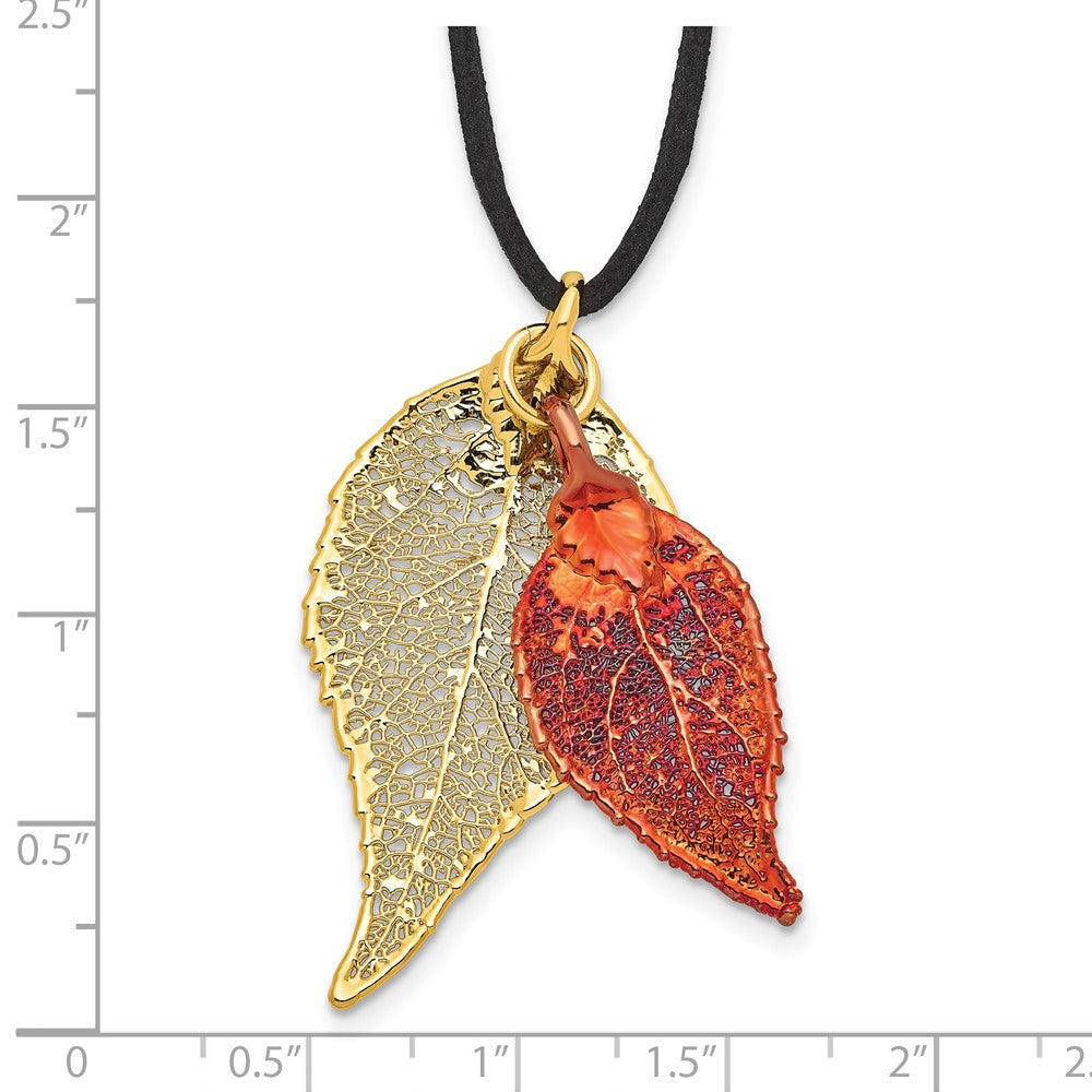 Mode 24K Gold und Iridescent Copper Dipped Doppelt Echt Evergreen Leaves 20 Zoll Leder Kordel Halskette