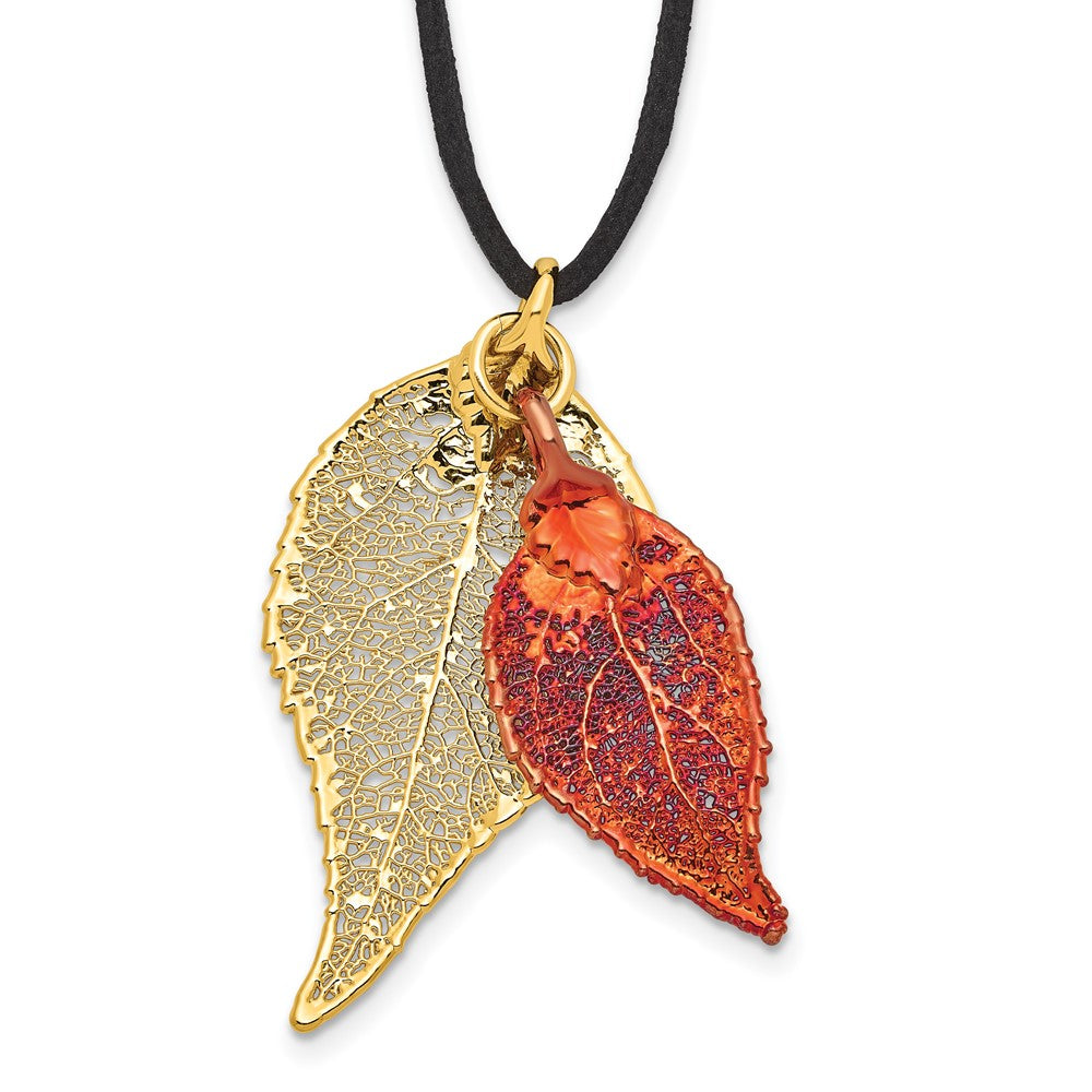 Mode 24K Gold und Iridescent Copper Dipped Doppelt Echt Evergreen Leaves 20 Zoll Leder Kordel Halskette