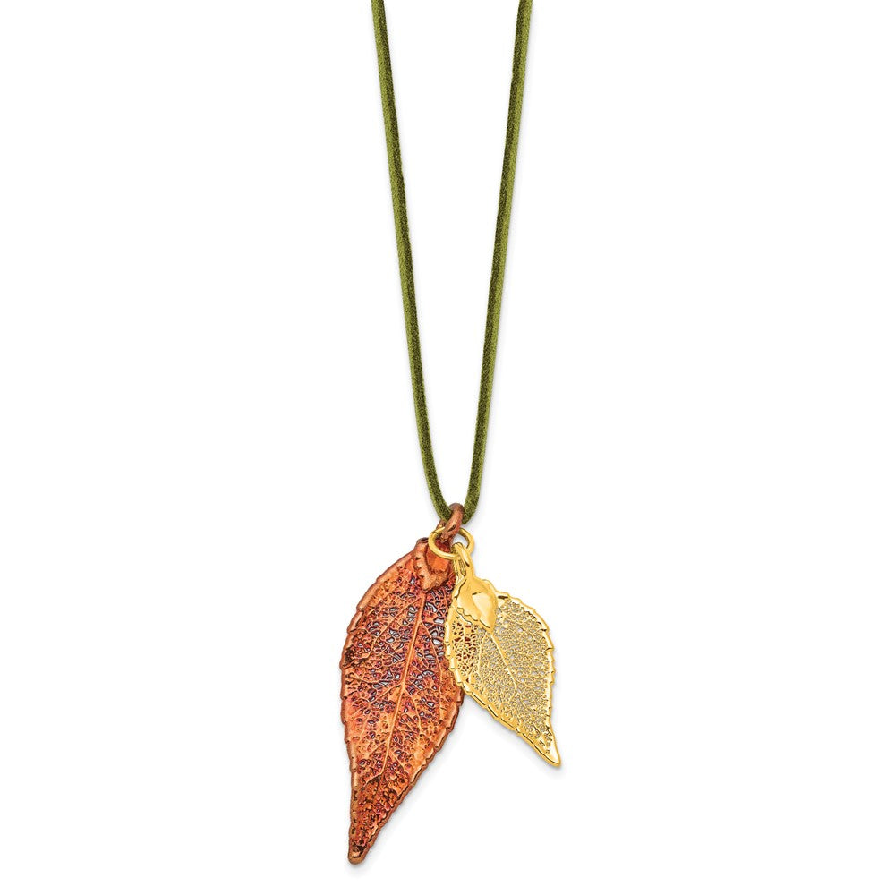 Mode Iridescent Copper und 24K Gold Dipped Doppelt Echt Evergreen Leaves 20 Zoll Leder Kordel Halskette