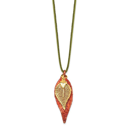 Mode Iridescent Copper und 24K Gold Dipped Doppelt Echt Evergreen Leaves 20 Zoll Leder Kordel Halskette