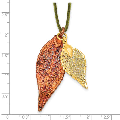 Mode Iridescent Copper und 24K Gold Dipped Doppelt Echt Evergreen Leaves 20 Zoll Leder Kordel Halskette