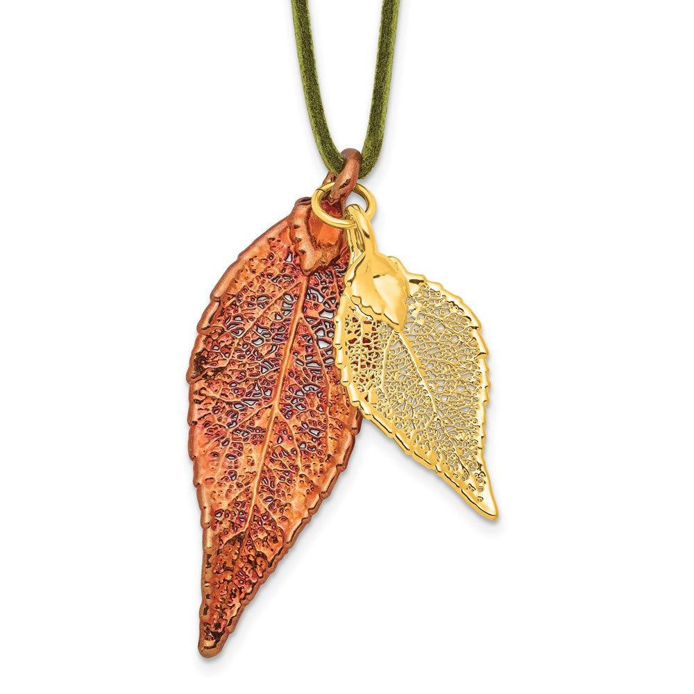 Mode Iridescent Copper und 24K Gold Dipped Doppelt Echt Evergreen Leaves 20 Zoll Leder Kordel Halskette