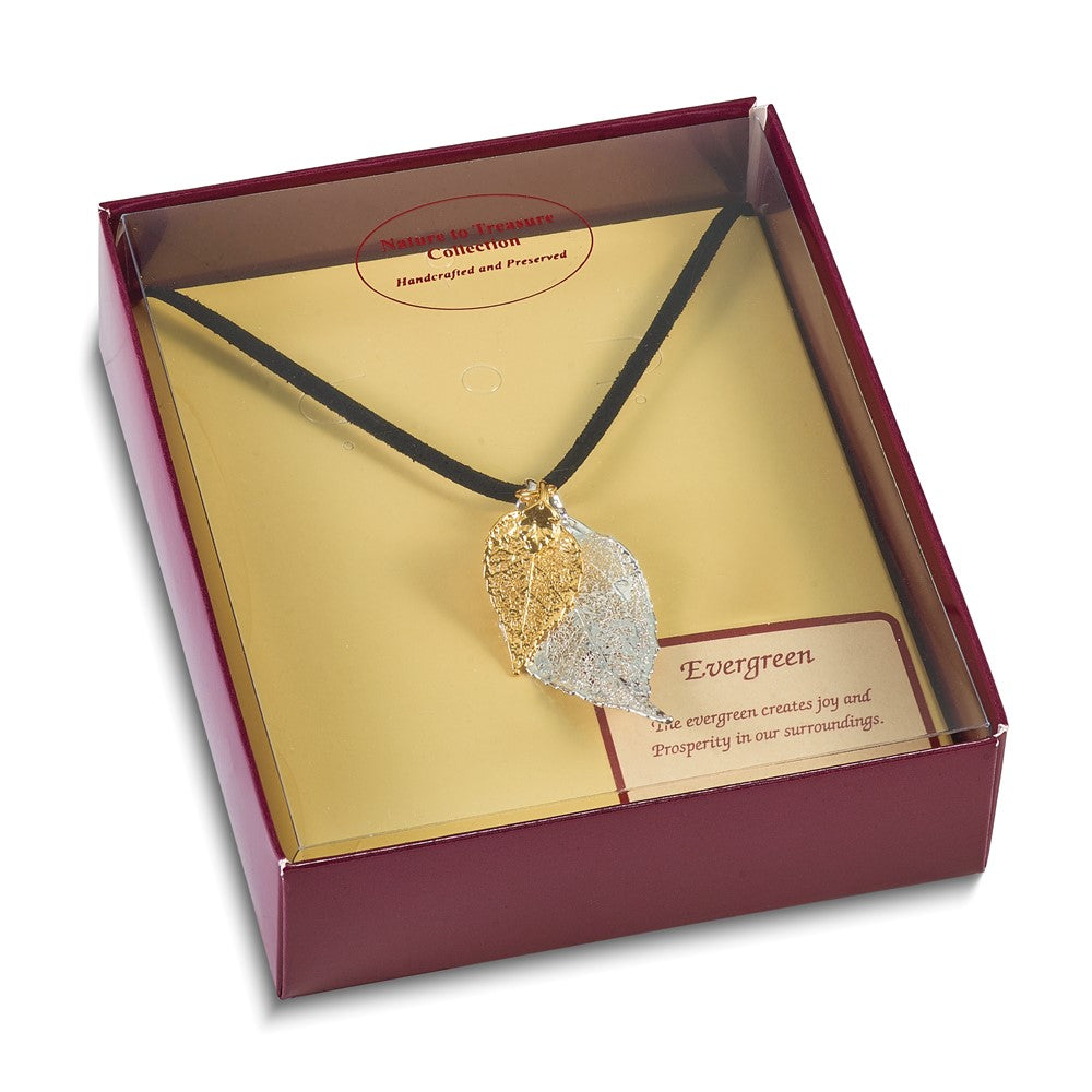 Mode Silber und 24K Gold Dipped Doppelt Echt Evergreen Leaves 20 Zoll Leder Kordel Halskette