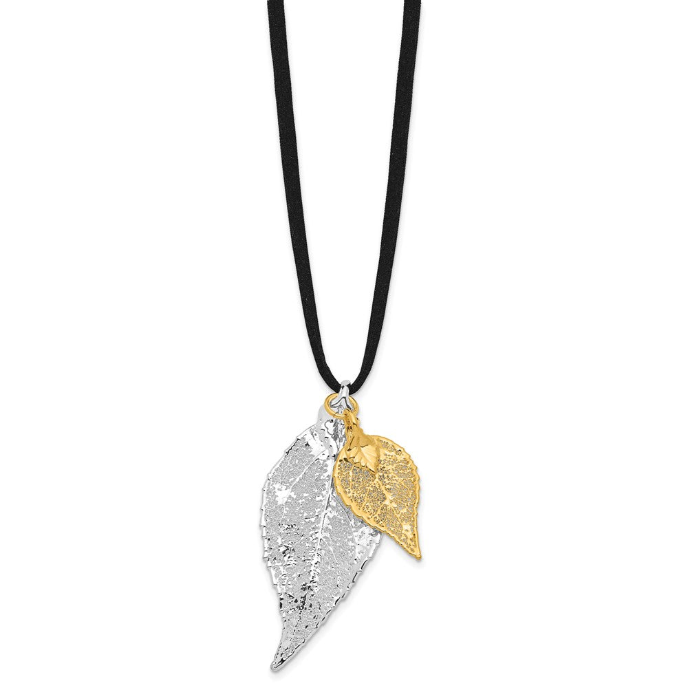 Mode Silber und 24K Gold Dipped Doppelt Echt Evergreen Leaves 20 Zoll Leder Kordel Halskette