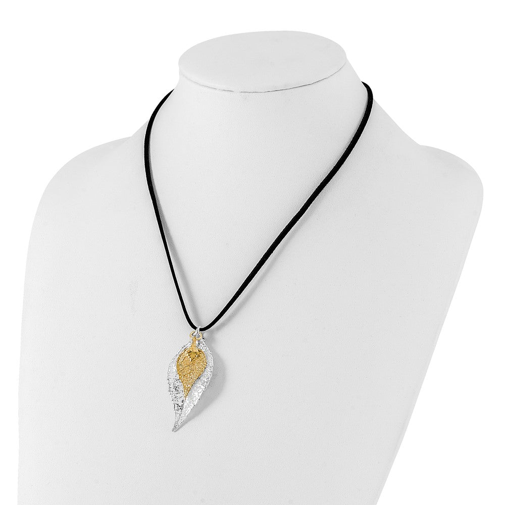 Mode Silber und 24K Gold Dipped Doppelt Echt Evergreen Leaves 20 Zoll Leder Kordel Halskette