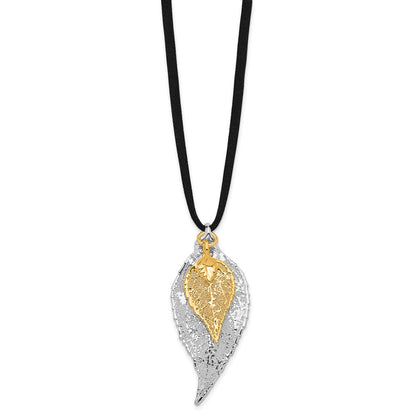 Mode Silber und 24K Gold Dipped Doppelt Echt Evergreen Leaves 20 Zoll Leder Kordel Halskette