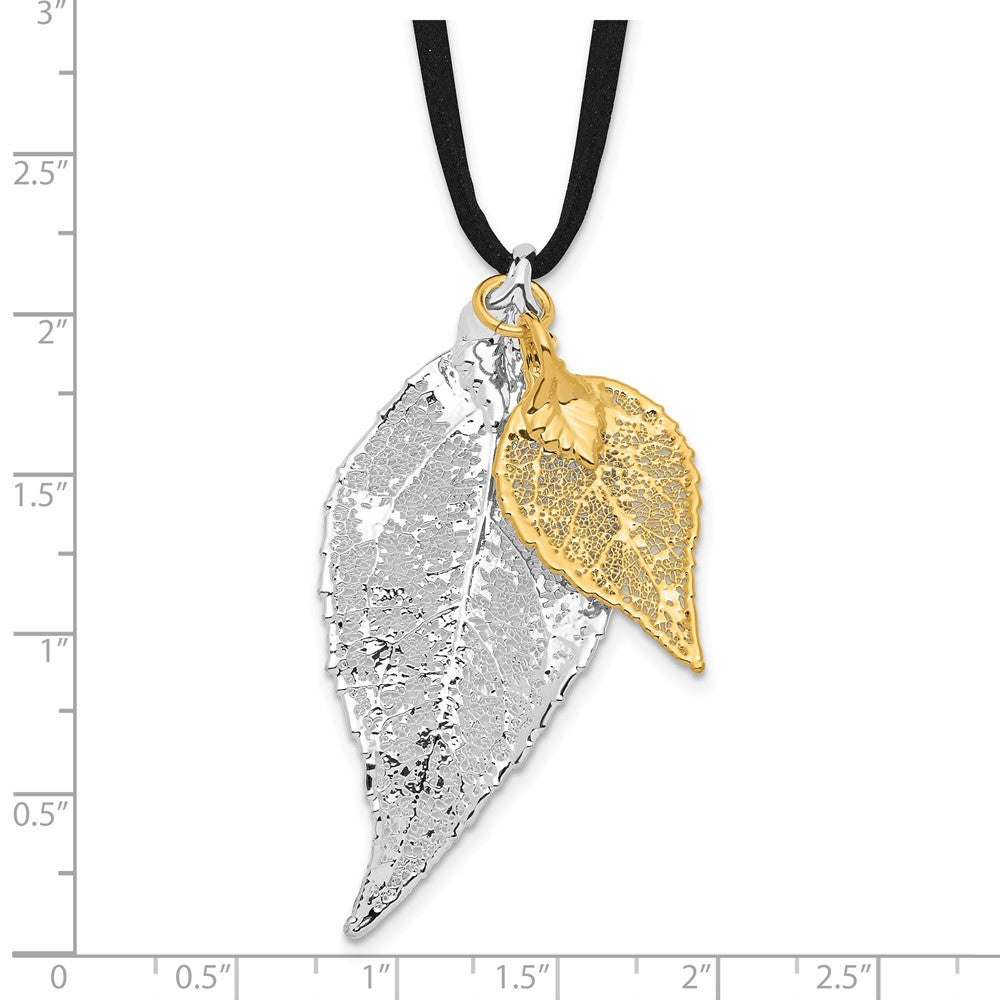 Mode Silber und 24K Gold Dipped Doppelt Echt Evergreen Leaves 20 Zoll Leder Kordel Halskette