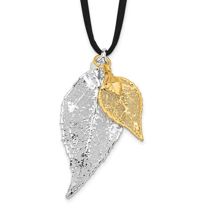 Mode Silber und 24K Gold Dipped Doppelt Echt Evergreen Leaves 20 Zoll Leder Kordel Halskette